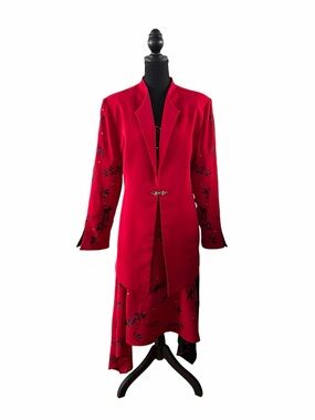Ben Marc Red and Black Floral 3Pc Skirt Suit with Rhinestones, Size 16